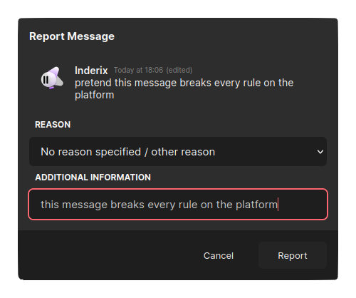 Screenshot of In-App Reporting Modal